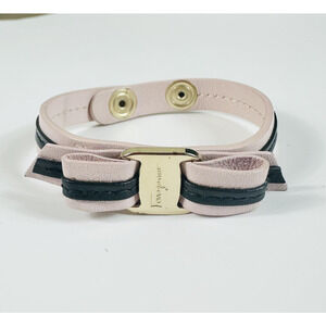 Ferragamo Pink Black Leather Vara Wrap Bracelet Bow Logo Snap 7in Made In Italy